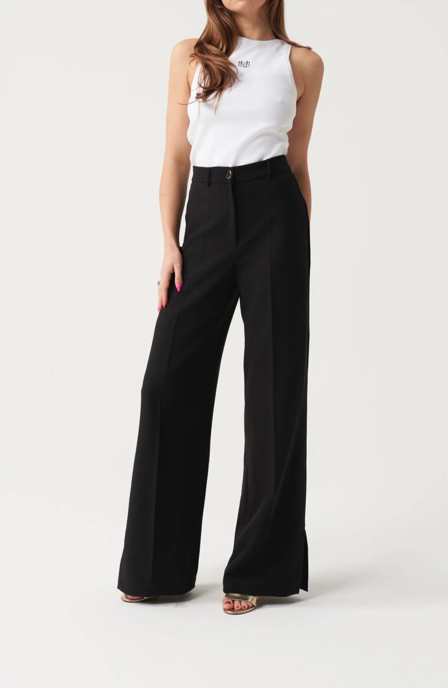 Black High waisted STRAIGHT TROUSERS with hem