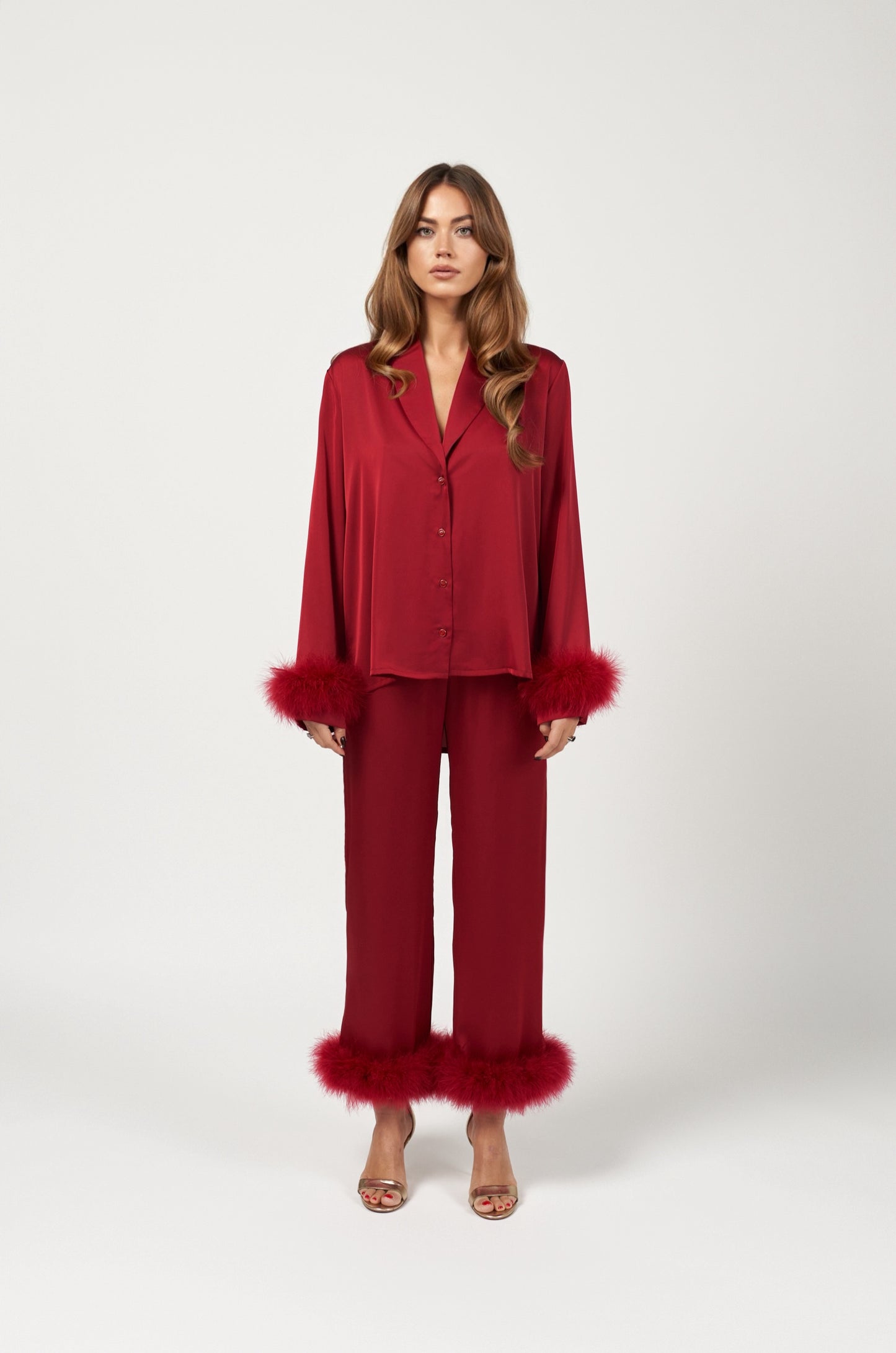 Chantea red silk pajama set with feathers
