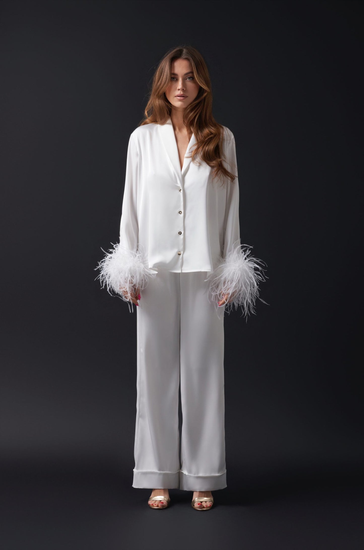 Madeline white silk pajama set with feathers