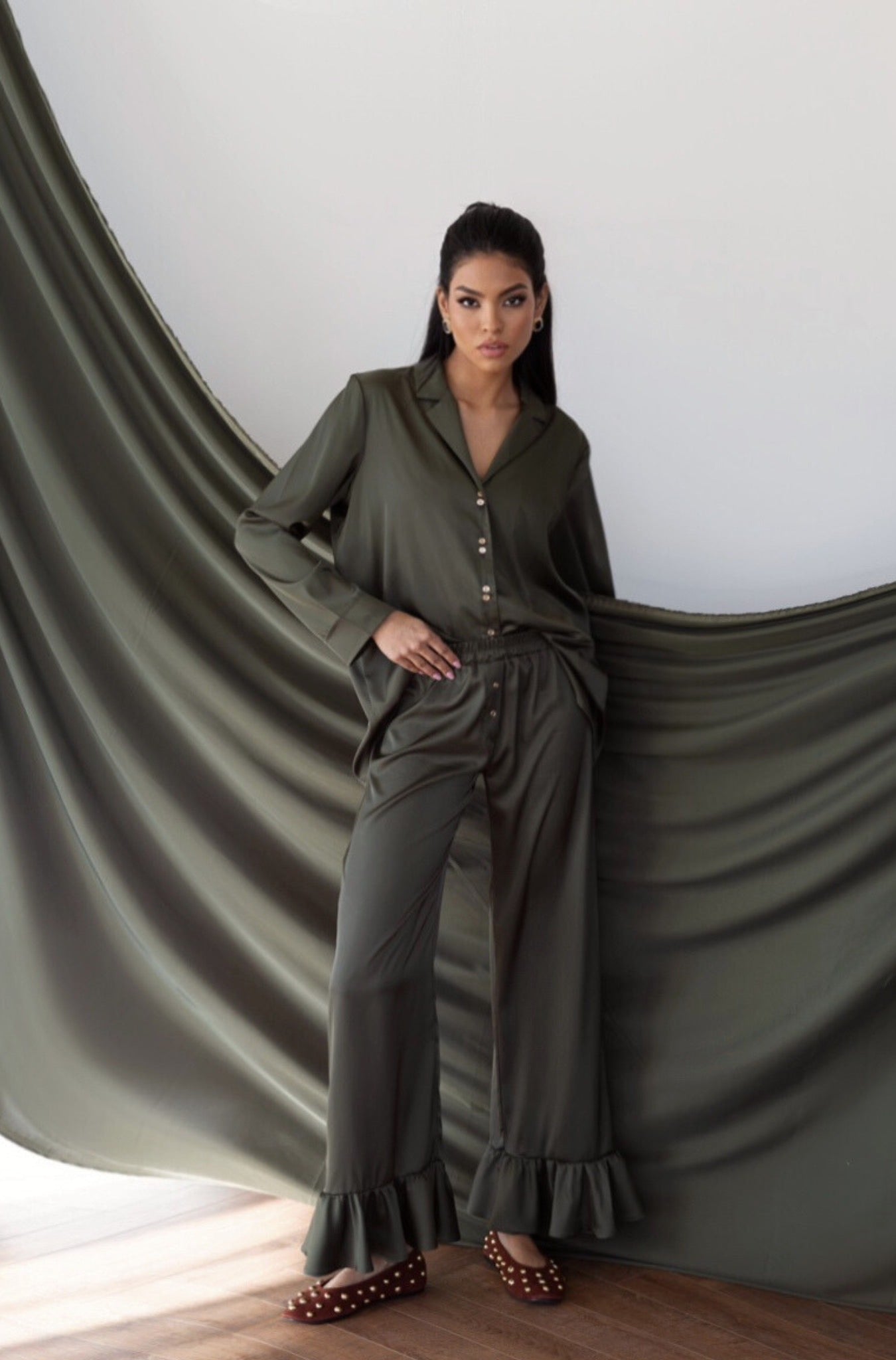 Sophie khaki Pajama Set with ruffled hems pants