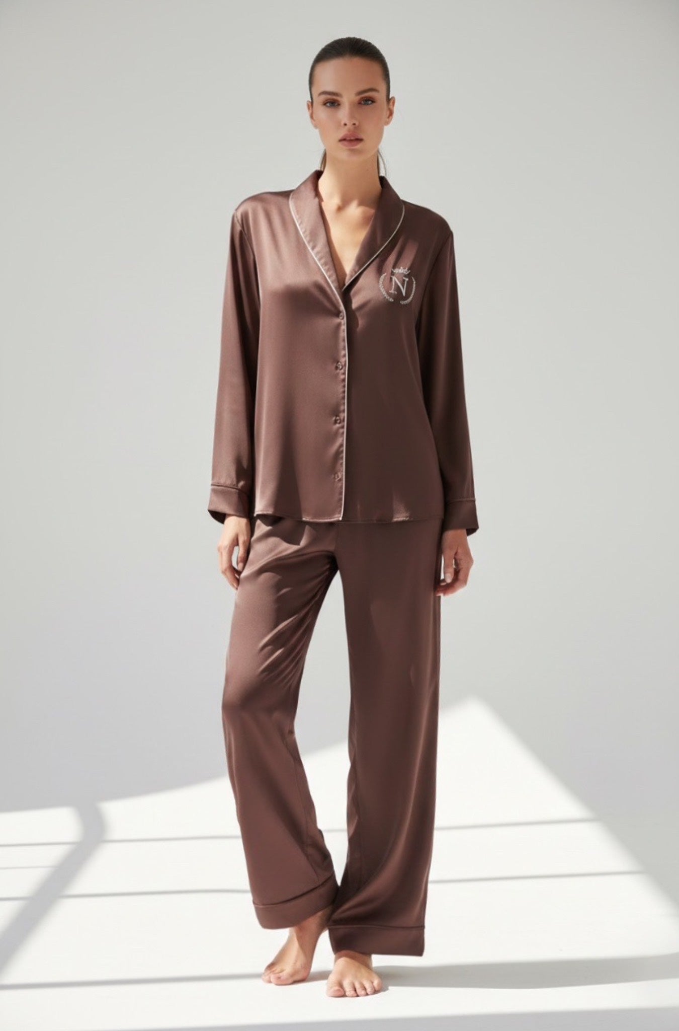 Annabel Mocha brown Long Pajama Set