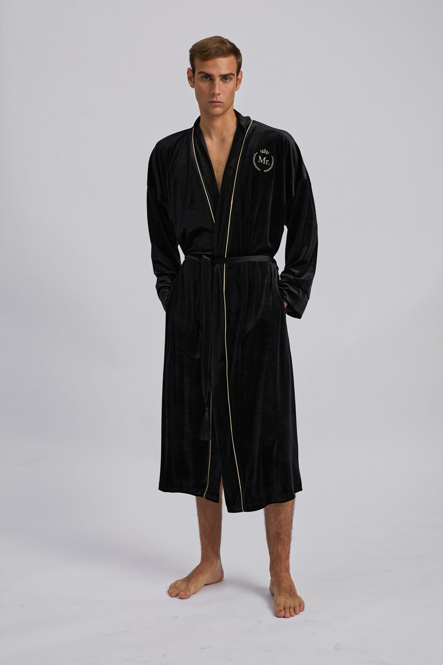 Black Velvet Bathrobe for Men with Gold Piping | Preorder