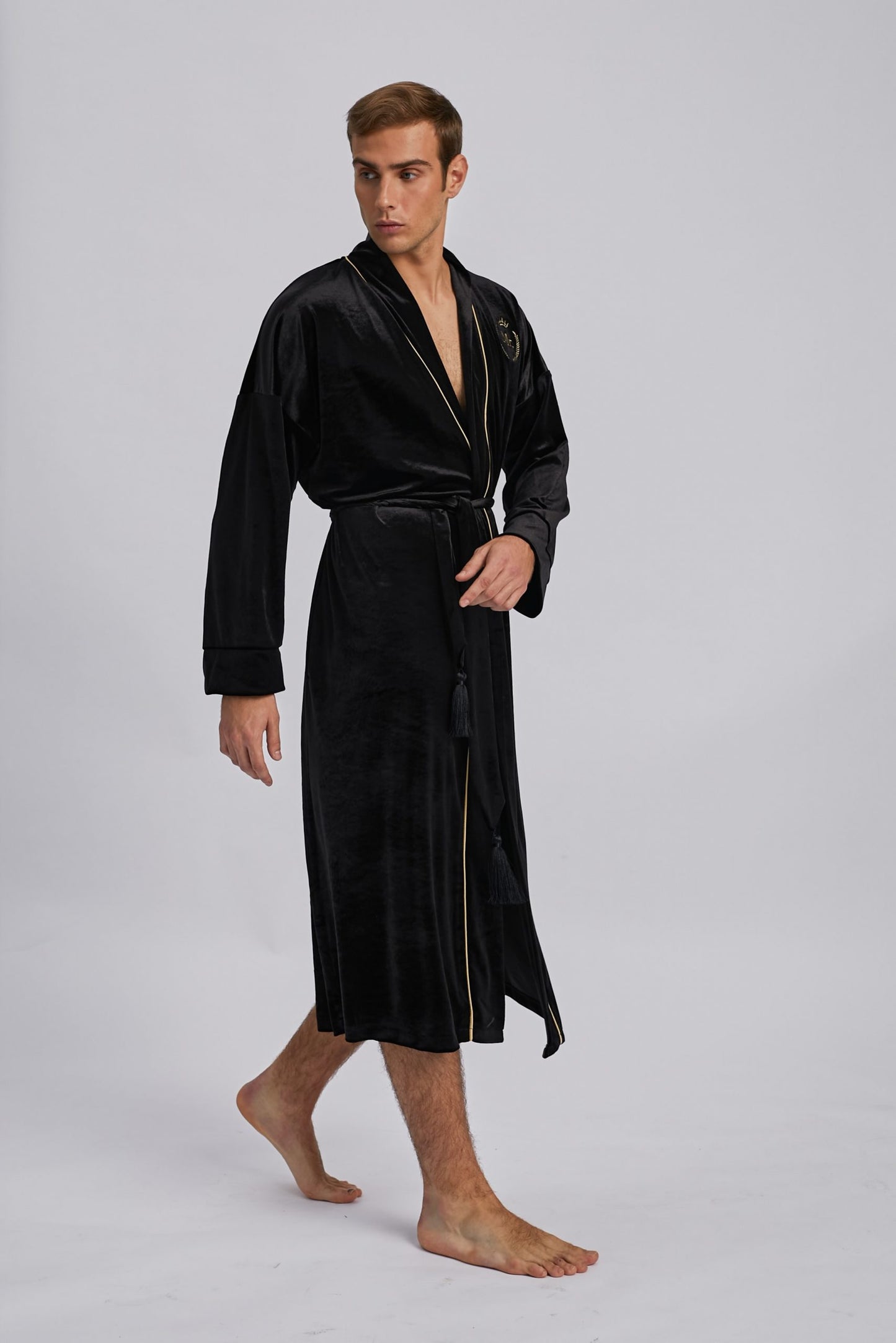 Black Velvet Bathrobe for Men with Gold Piping | Preorder