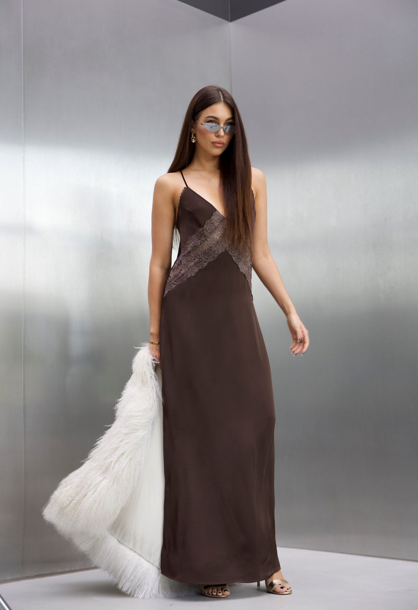 Issa long brown lace slip dress