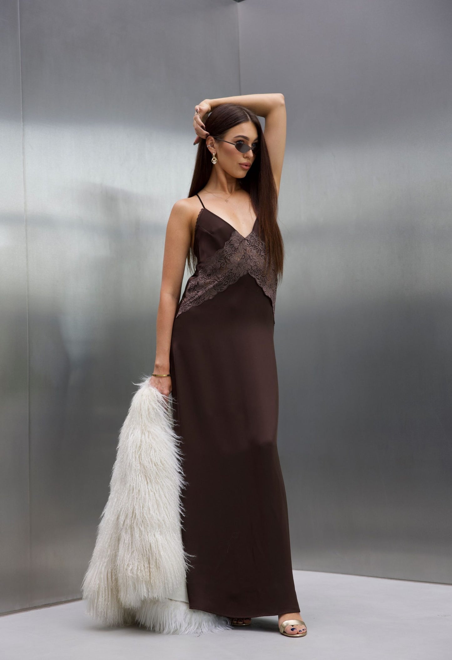 Issa long brown lace slip dress