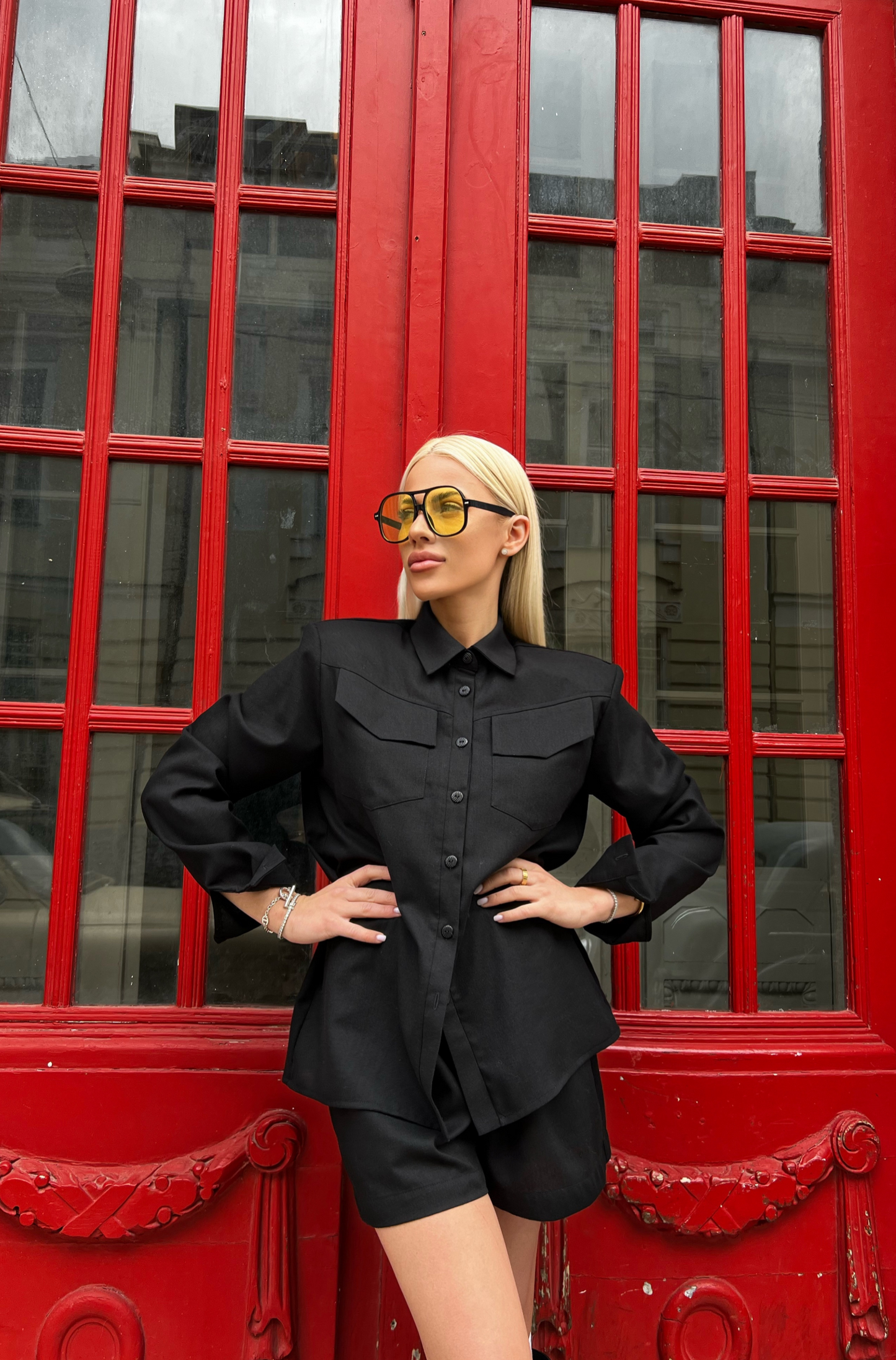 Sophia women linen Padded shoulders black shirts