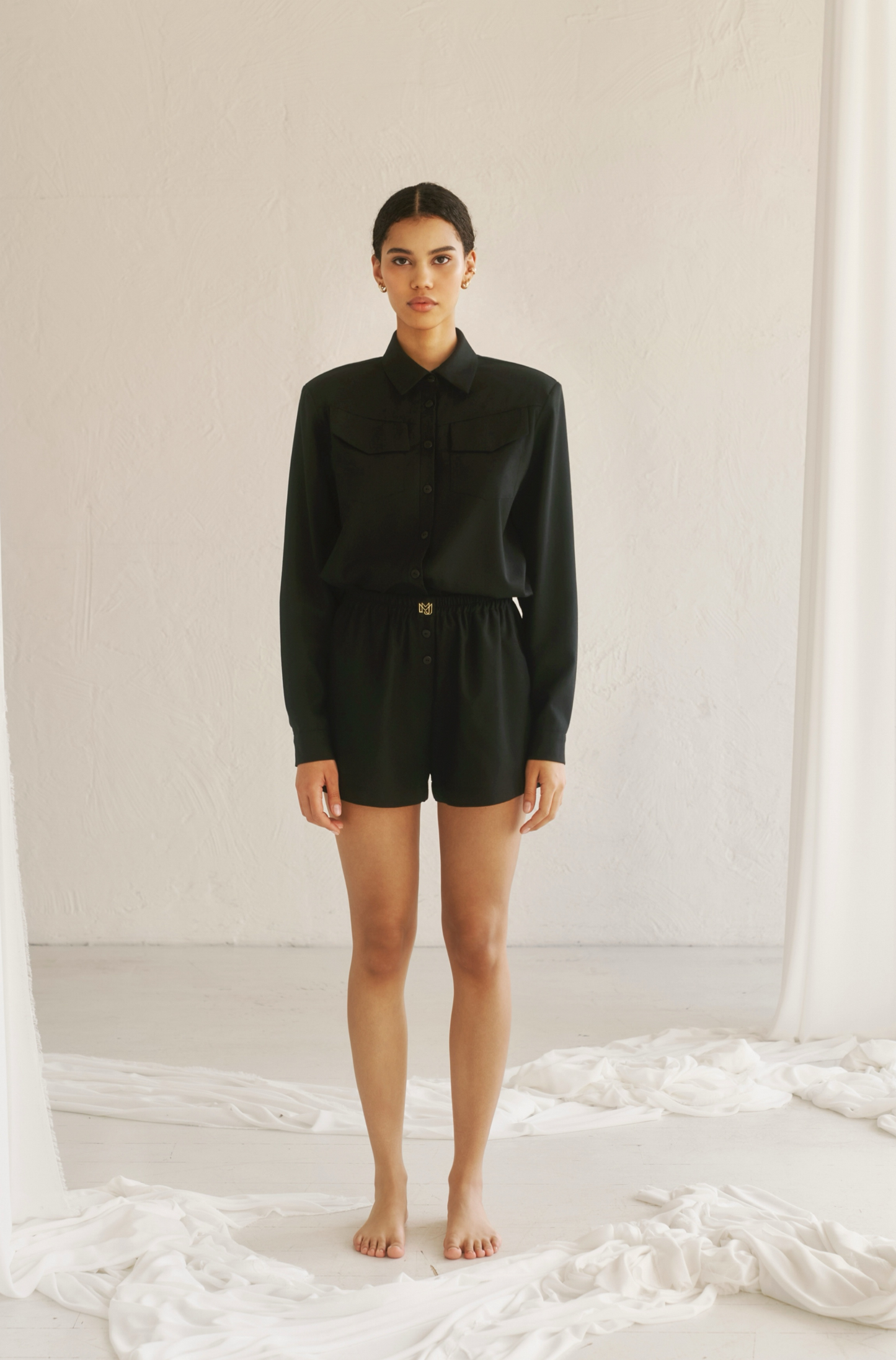 Sophia women linen Padded shoulders black shirts