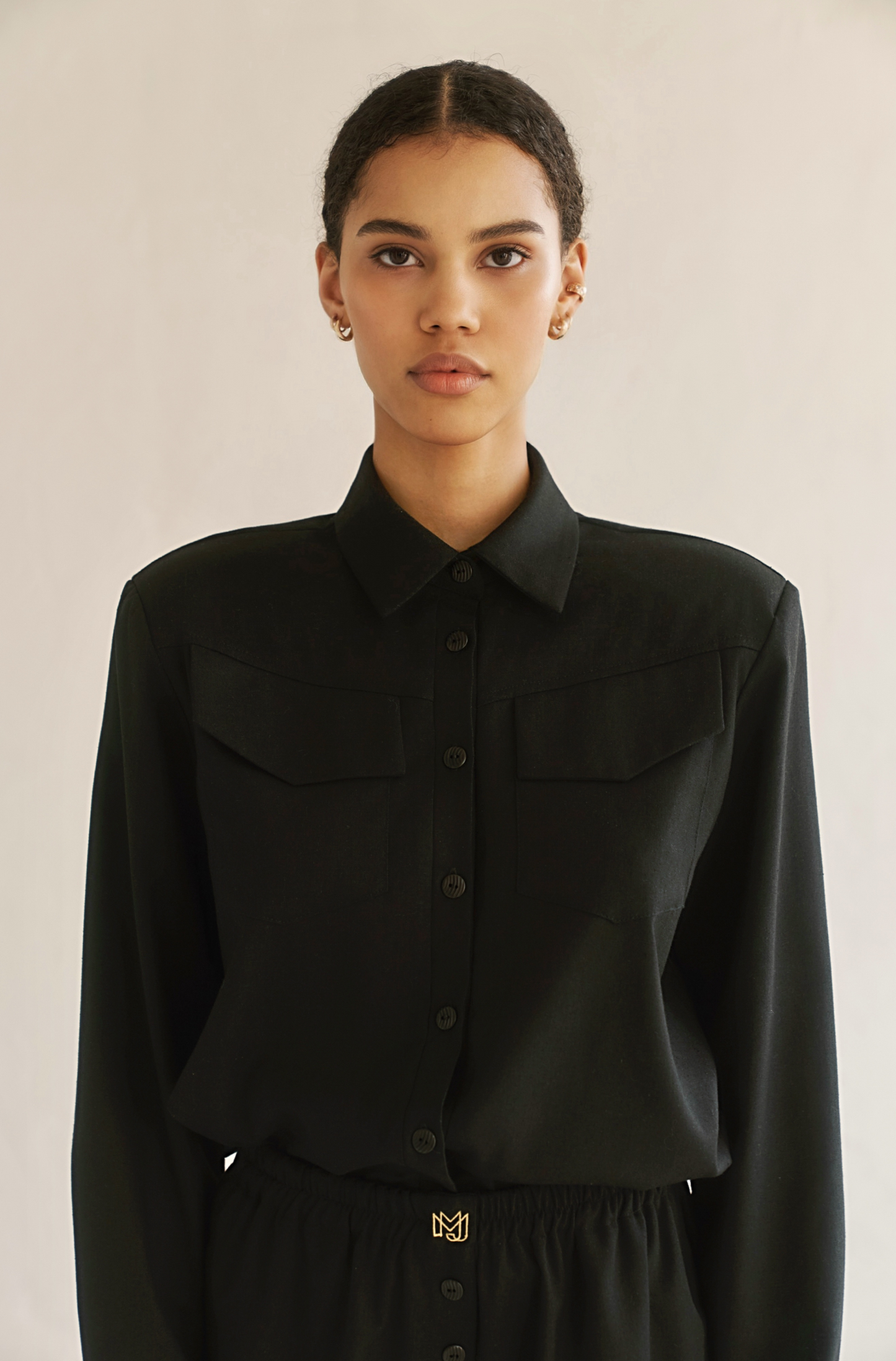 Sophia women linen Padded shoulders black shirts