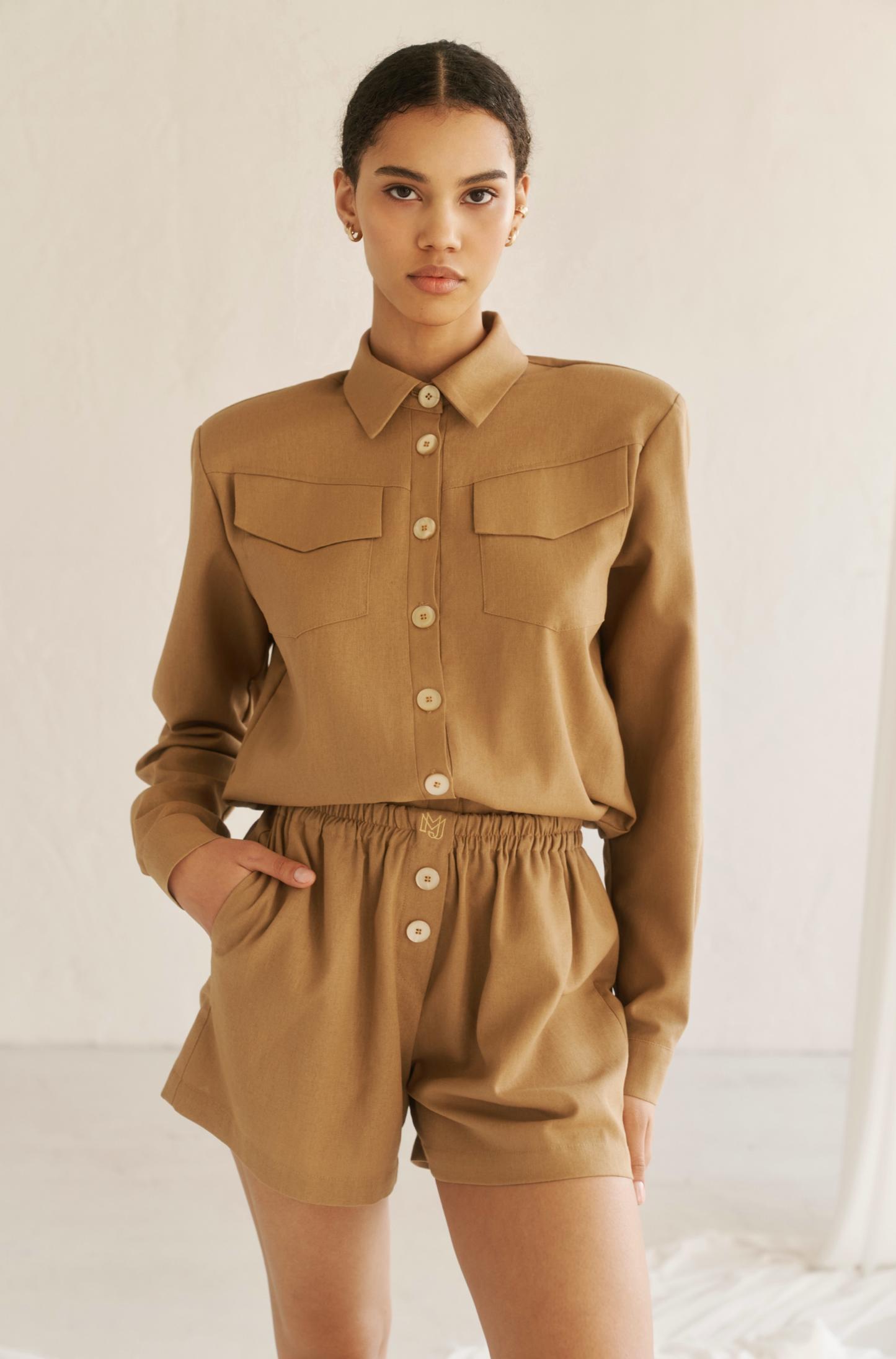 Sophia women linen Padded shoulders camel shirts