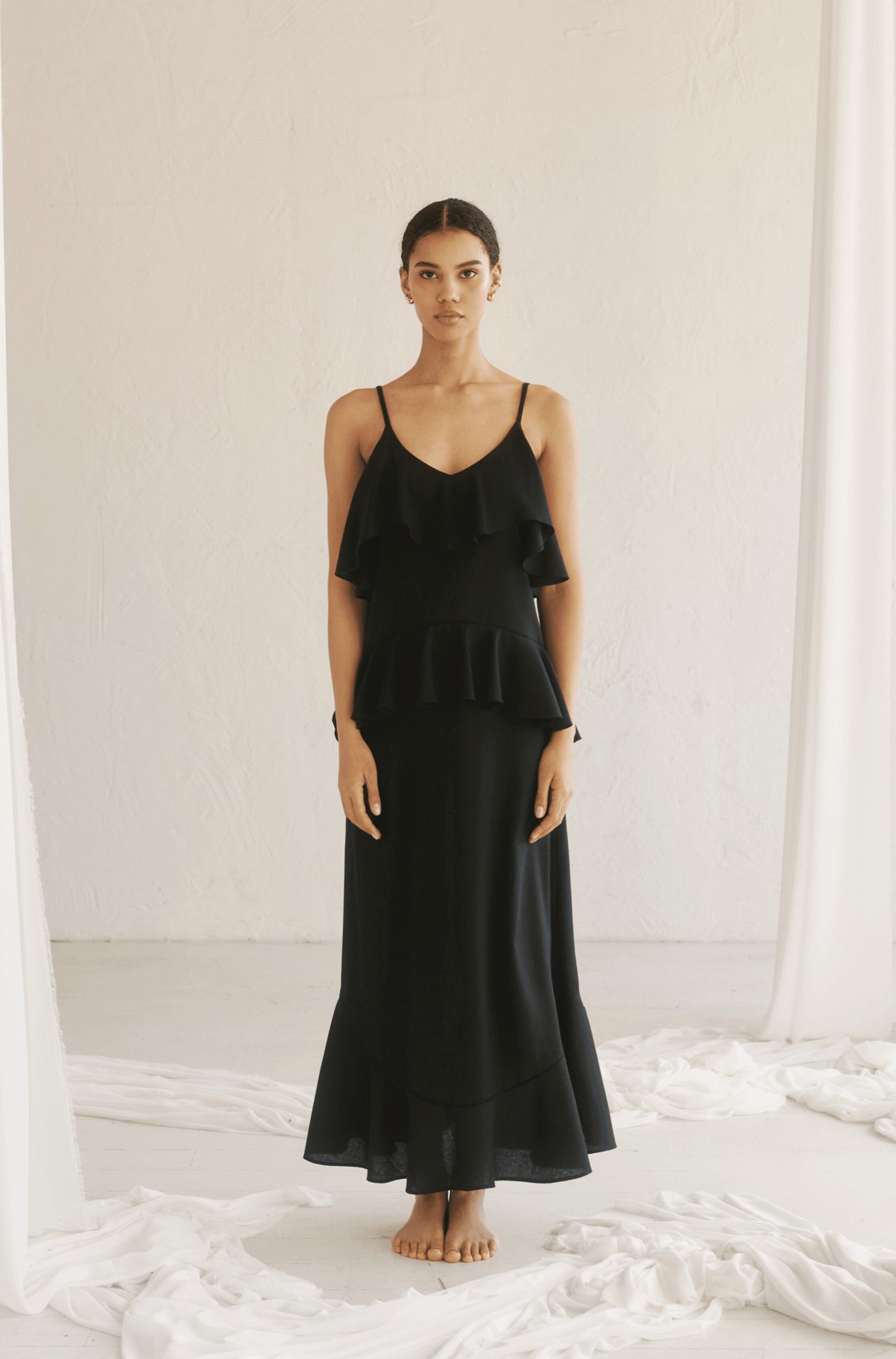 Sirene midi black linen slip dress