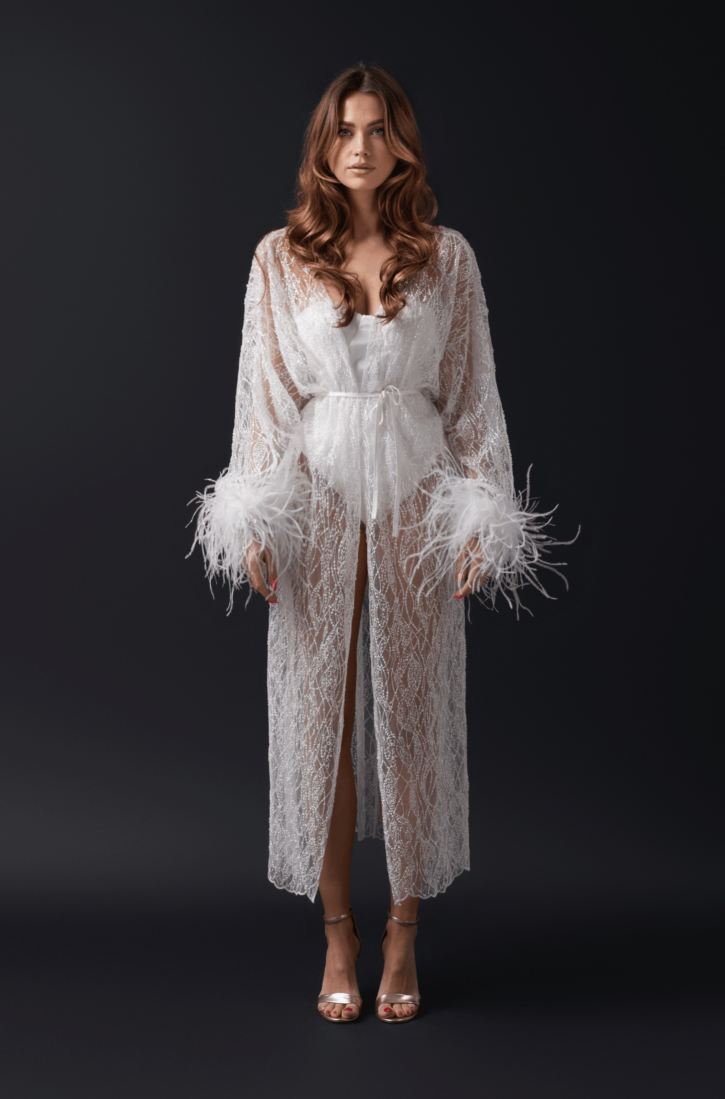 Charlène women sheer long kimono with feathers