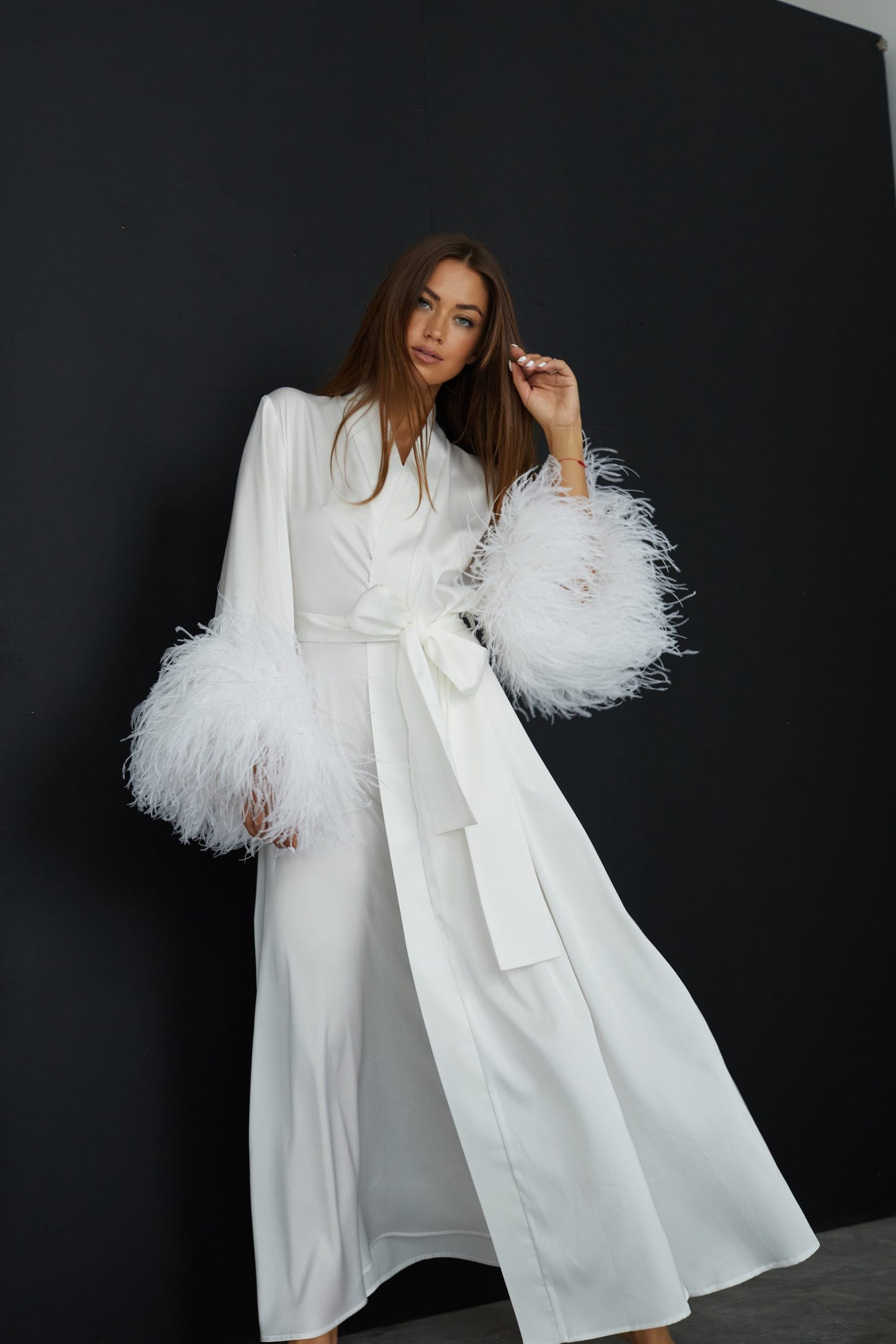 Queenie silk long bridal robe with ostrich feathers