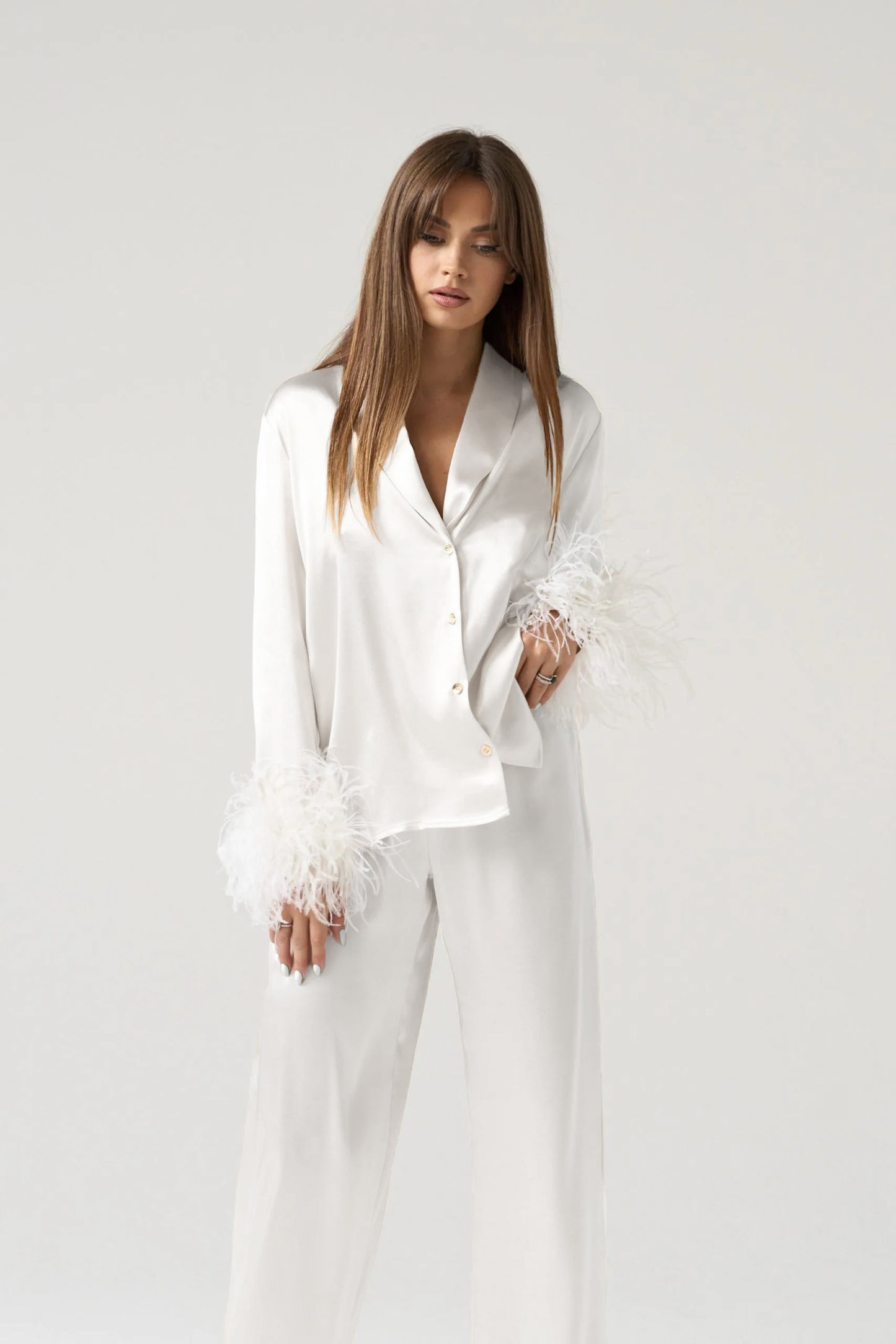 Madeline white silk pajama set with feathers